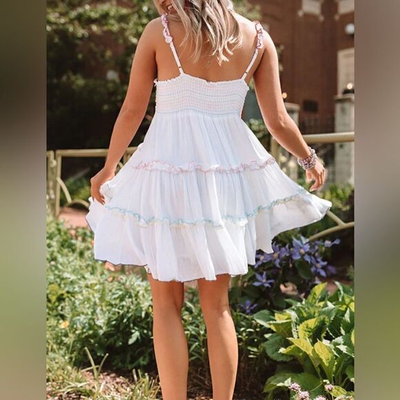 Storia Tahiti Twist Rainbow Trim Smocked Back Babydoll Mini Dress Small - Picture 7 of 12